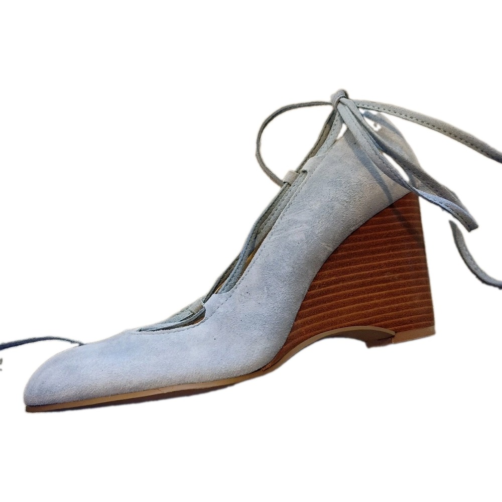 ADRIENNE VITTADINI Blue Suede Leather Mary Jane Wedge Heels Ankle Wrap 9.5